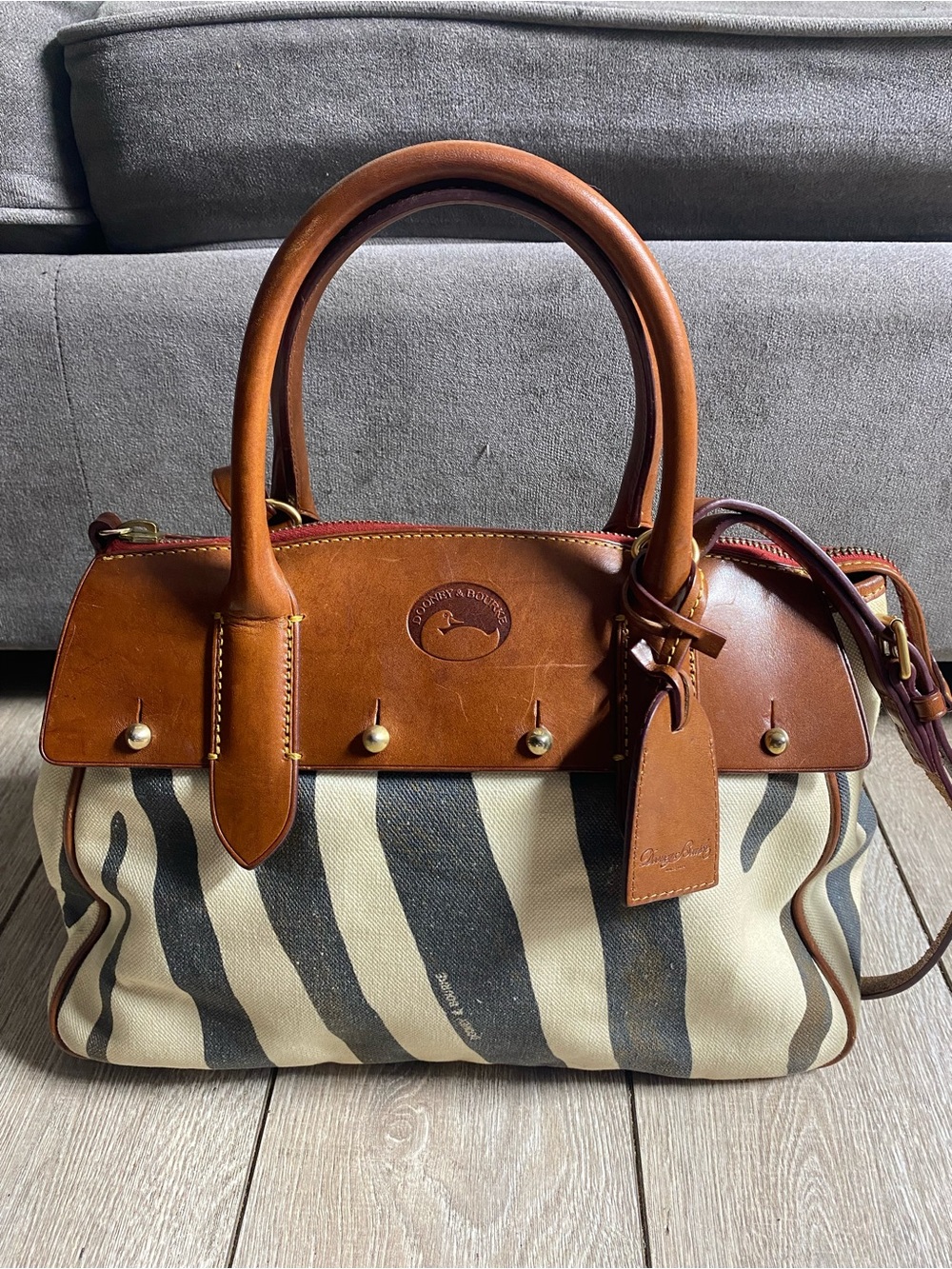 Vintage Dooney & Bourke Leather Canvas Weekender Travel Zebra Satchel Tote Bag
